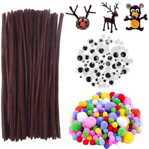 400 Stück Braunes Weihnachten Pfeifenreiniger Set, 100 Pfeifenputzer Chenilledraht mit 150 Bunten Pompons und 150 Wackelaugen Selbstklebend, Bastelzubehör Kinder für DIY Bastelzubehör Weihnachten
