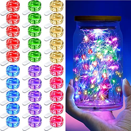 Hiboom Halloween LED Fairy Lights Battery Operated 6.5ft 20 LEDs Christmas Mason Jar String Lights Mini Waterproof String Lights Copper Wire Lights for DIY Craft (Modern Colors, 30 Pack)