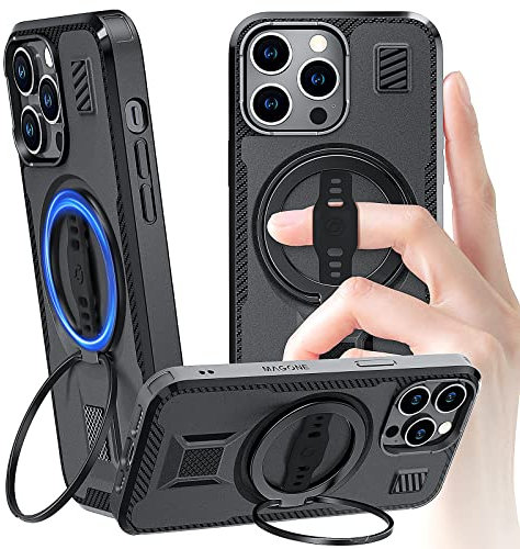 EWA MagOne All-in-1 Hülle Nur für iPhone 14 Pro Max, Stoßfest Handyhülle mit Magsafe Ständer Ringhalter, Magnetisch Case Schutzhülle mit Telefon Griff Stand, Doppelmagnet haftet an Metall (Schwarz)