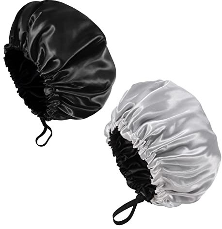 Fuyamp 2 Packs Satin Sleep Cap Shower Cap,Adjustable Silky Sleep Bonnet for Women Long Curly Hair, Double-Sided Waterproof Satin Bath Cap Hair Cap for Women Sleeping Bathing(Grey+Black)