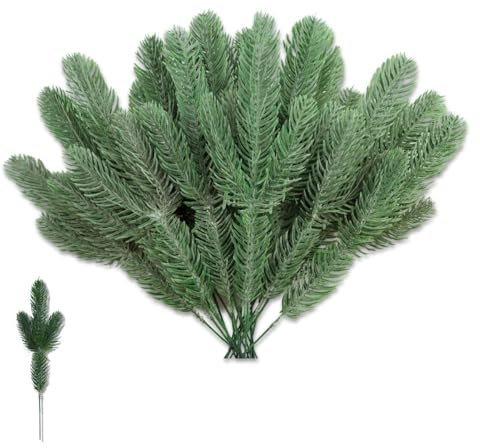 Ikosora 24 agujas de pino artificial, ramas de pino verde artificial, vegetación de Navidad para decoración de Navidad, guirnalda de bricolaje, decoración de Navidad y decoración del jardín del hogar
