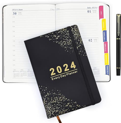 2024 Tagesplaner A5, 12 Monats Wochenkalender(Jan.2024-Dez.2024), Hardcover-Notizbuch mit Gummiband, Stift, Terminplaner 2024, 312 pages, 22X14cm (Schwarz)