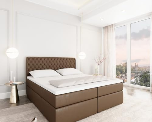 Sofa Dreams Leder Boxspringbett Lederbett Mejorada Komplettbett mit Matratze und Topper - Bett in Premium Kunstleder (Braun, 140x200 cm)