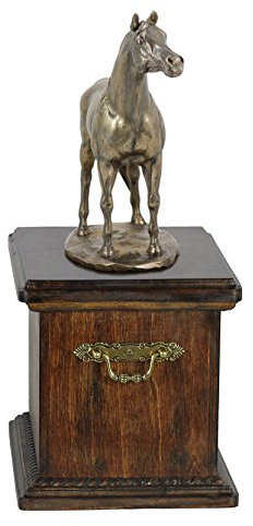 Art-Dog Handgefertigte Urne für Pferdeasche - Kaltgegossene Bronzestatue - Individuelle Einäscherungsbox - Hölzerne Gedenkurne - 46,5x29x21cm - Arabisches Pferd
