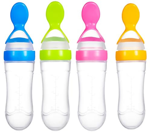 HAICN 4pcs Silicone Baby Food Dispensing Spoons - Baby Spoon, Blue, Pink, Yellow, Green - Infant, Toddler - Silicone