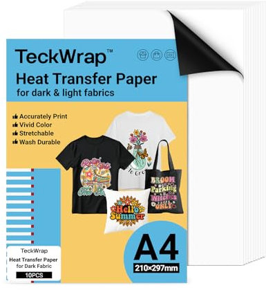 TECKWRAP Premium Inkjet T Shirt Heat Transfer Paper A4 x 10 Sheets for Dark or Light Fabric Iron On Transfer Paper 210mm x 297mm