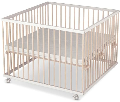 Sämann Laufstall Baby mit Matratze SleepPlus | TÜV geprüft | stufenlos höhenverstellbar | Laufgitter Premium | Babybett aus Holz | Krabbelgitter (weiß/natur, 100x100 cm)