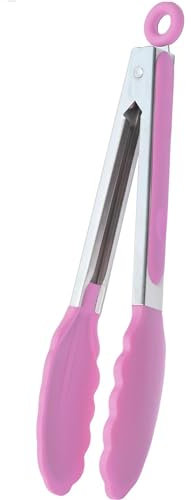CHEFZOCO Pince de cuisine, pince à barbecue, pince de cuisine, matériau en acier inoxydable avec silicone, alimentaire, pince à salade, sans BPA, poignée antidérapante (rose, 21,4 cm)