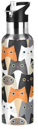 Bouteille d'eau avec paille anti-fuite - Motif chat mignon - Bouteille isotherme sous vide pour filles et garçons - 600 ml