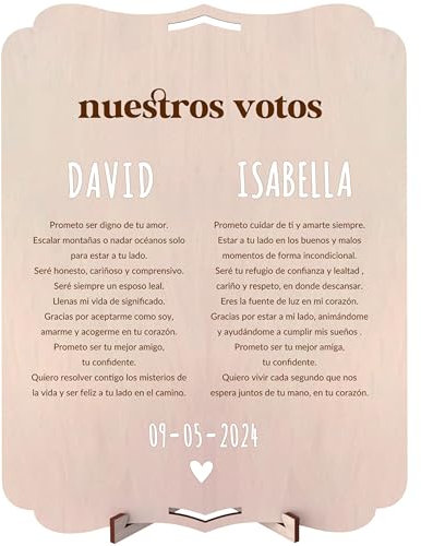 nagu® Cartel De Madera Para Decoracion De Boda Votos Novios - Personalizado Con Nombres Y Fecha - Incluye Letras Autoadhesivas Y Pie De Soporte, Ideal Para Scrapbook Y Photocall, 30x22cm