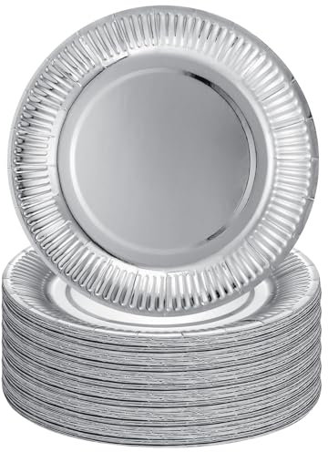 GSrenyu 40Pcs Metallic Silver Party Paper Plates,7 inch Xmas Foil Silver Party Tableware Decor Paper Plates for Christmas Party Supplies Table Decorations
