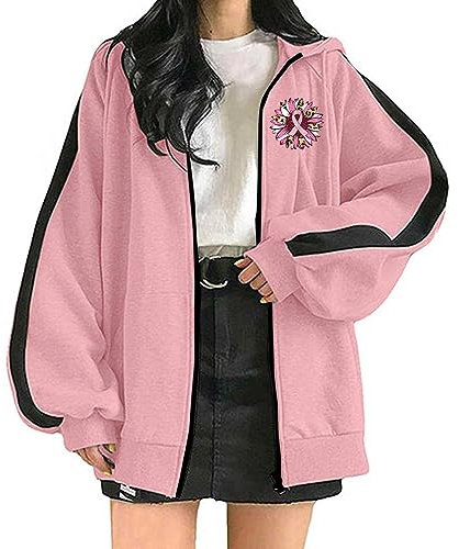 Sweat-shirt à Capuche avec Cordon de Serrage et Poche pour Femme Sweatshirt Imprimé Sensibilisation Cancer du Sein Décontracté Sweat Chaud Ruban Rose Octobre Rose Pullover Veste Femmes (XXL)