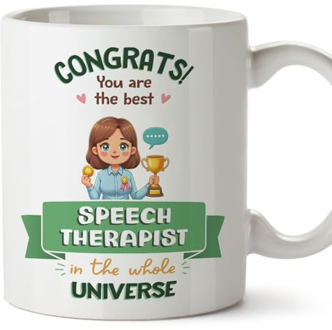MUGFFINS Speech Therapist Woman Mug - in English - Best in Universe Trophy - Funny Gift for Colleagues - Ceramic 11oz Mug