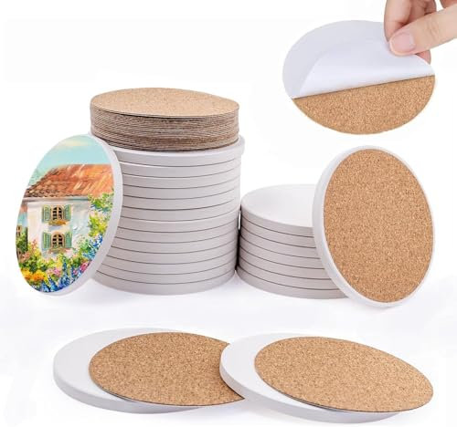 24 Stück Weiße Keramik Untersetzer,10×10cm Runde Unglasierte Fliesen Untersetzer Leer Absorbierende Unglasierte Untersetzer mit Nicht Gleitender Kork-Basis für DIY Craft Topfuntersetzer Gläser Tassen