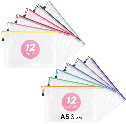 12Pcs Zip Lock Bags A5 Folder - Plastic Wallets Mesh Zipper Pouch Bags A5 Document Wallet, 12Colors Money Pouch Clear Waterproof Reusable Organiser Storage On Travel School Office for Document Toys