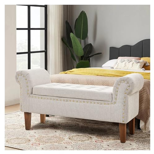 INMOZATA Linen Fabric Window Seat Bench with Storage Beige Ottoman Storage Bench Button-Tufted End of Bed for Living Room, Bedroom, Hallway