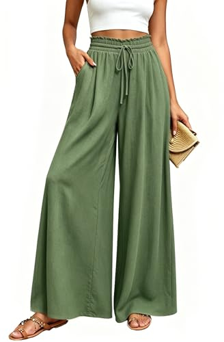 Koerye Pantalones de Pierna Ancha para Mujer Cintura Alta Casual Suelta Pantalones Elegantes Fluido Cintura Alta con Bolsillos Casual Elástica Pantalones de Verano Verde,L