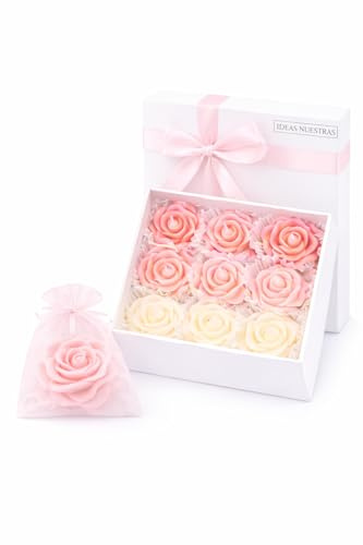 Velas Aromáticas en Forma de Rosa (Pack 9) – Velas Decorativas para Regalo Dia de la Madre Mujer, Boda y Comunión – Caja Regalo con Bolsas de Organza Incluidas -Ideas Nuestras®