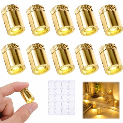 Mini LED Lichter 10 Stück Warmweiß für Puppenhaus Modellbau Kleine Led | 1x1.5cm Goldgehäuse | Batterien AG3 & Klebepunkte Inklusive | Ein/Aus Per Drehverschluss | Klebepunkte Für Flexible Montage