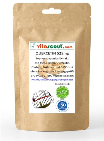 Reines Quercetin aus der Sophora Japonica 525mg hochdosiert mit 95% reinem Quercetin - 190 vegane Kapseln, ohne Zusatzstoffe, von vitascout, LABORGEPRÜFT