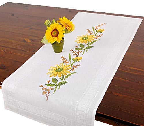 Stickpackung gelbe Blumen, komplettes vorgezeichnetes Kreuzstich Tischdecken Set, Herbst Tischläufer Stickset mit Stickvorlage zum Selbersticken