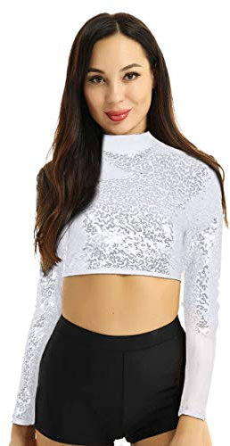 inhzoy Women's Glittery Sequins Mock Neck Long Sleeves Keyhole Back Crop Top Mesh Spliced Dancewear Silver X-Large