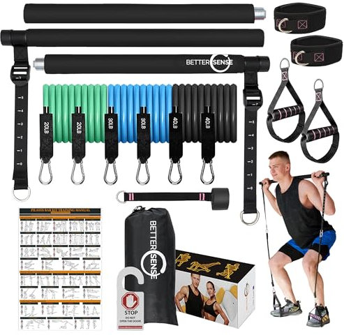 Verbessertes tragbares Pilates-Stangen-Set, verstellbar, 118.5 cm, 3 Abschnitte, 30, 18.1 kg. Heimtrainingsausrüstung für Frauen mit 2 Fuß- und Handschlaufen für Beine und Ganzkörper
