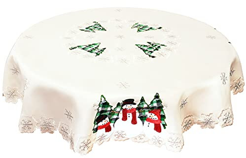 Simhomsen Bestickte Weihnachts-Tischdecke mit Schneemänner, Schneeflocken und Stechpalmenbaum, rund, 175,3 cm