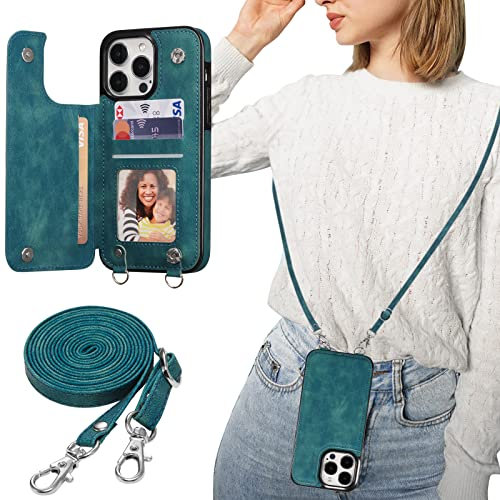 ZTOFERA Crossbody Lanyard Case for iPhone 14 Pro Max, Matte PU Leather + Soft TPU Flip Wallet Magnetic Back Case with Card Holder Adjustable Shoulder Strap Neck Cord Protective Back Cover, Green
