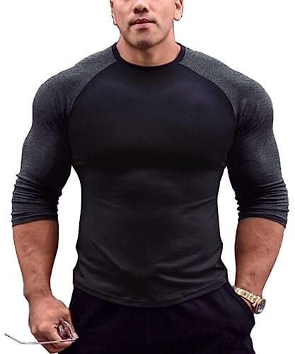 DLSMDOUS Mens Muscle Cut Raglan Tshirts with 3/4 Sleeve Fitness Workout Tops Black-Dark Grey L