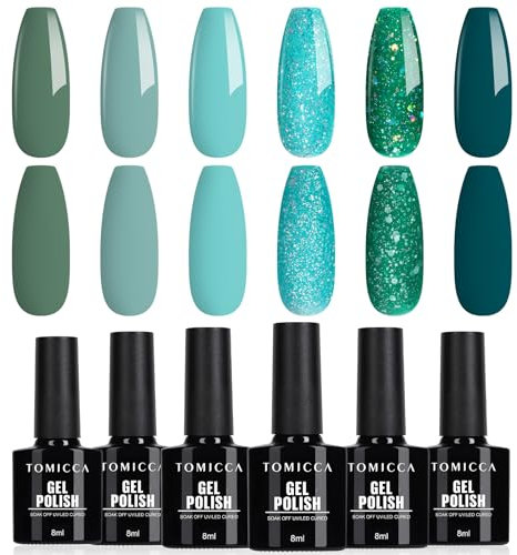 TOMICCA UV Nagellack Blau Grün Glitter Set, 6 Farben Herbst Glitter Gel Nagellack Soak Off UV/LED Geschenk Nicht Giftig und Langlebig, Weihnachts Set Für Starter Nail Art Salon DIY Home, 8ml