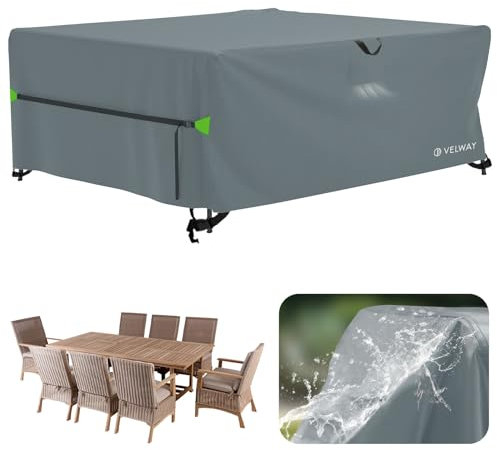 Velway Garden Furniture Covers Large: 250x210x71cm Upgraded Waterproof Windproof Patio Outdoor Table Chair Cover with Air Vent Anti-UV for Rattan Furniture Set Rectangular - Grey