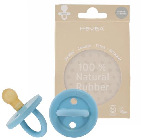 HEVEA Naturkautschuk Schnuller RUND Form, Neugeborene 0+ Monate - Hygienisches Einteiliges Design für Neugeborene bis Kleinkinder, BPA-frei, Weich & Langlebig - Zweierpack (Sky Blue)