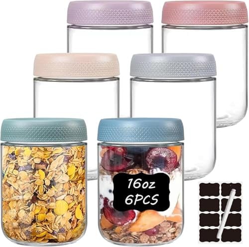twoant 6er Pack 500ml Einmachgläser mit Anti-Rutsch Schraubdeckel Overnight Oats Gläser Luftdicht Glasbehälter mit Deckel Mason Jar Sauerteig Meal Prep Boxen mit Etiketten & Stift
