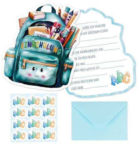 BETESSIN 12x Einschulung Einladungskarten Junge Blau - Einschulung Karten mit Umschlägen - Einschulung Einladungen für Junge und Mädchen Einschulungsfeier uvm.