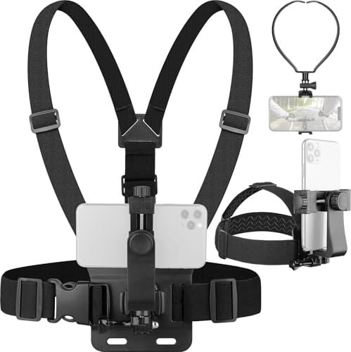 Ensemble de Support Sangle pour Téléphone,Support Sangle pour Poitrine + Support Tête + Support de Cou pour Téléphone,3 en 1 Support Mains Libres Compatible avec smartphones Action Camera Chest Mount