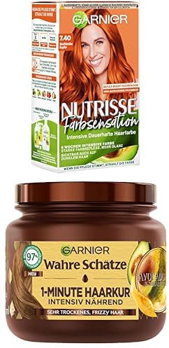 Garnier Colorations- & Pflegeset: Nutrisse Intensivtönung 7.40 Strahlendes Kupfer + Wahre Schätze Haarkur (340ml) - Mit Avocadoöl & Shea Butter, Für trockenes & frizzy Haar, Vegane Pflege, Anti-Frizz