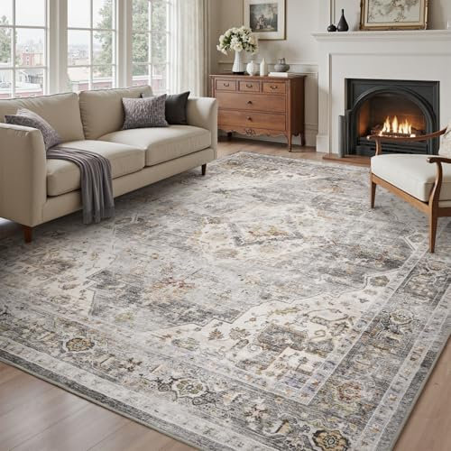 SIXHOME Vintage Teppich Wohnzimmer 240 * 300cm, Waschbar Teppich Schlafzimmer Kurzflor, Weich rutschfest Carpet für Wohnzimmer, Schlafzimmer, Esszimmer, Grau