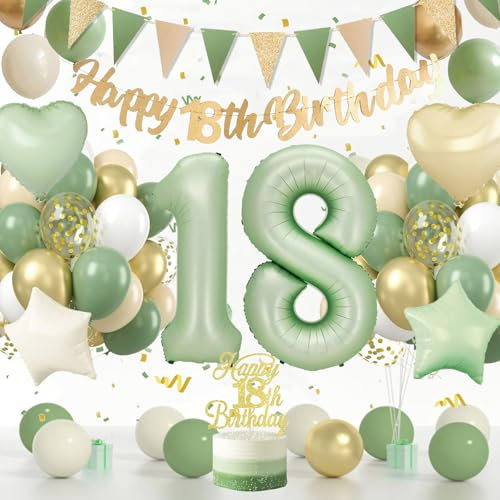 Deko 18. Geburtstag Junge Mädchen, 18. Geburtstag Junge, 18 Deko, Luftballon 18, Grün18 Luftballon Mit Happy Birthday Banner, Folienballon Zahl 18, Tortendeko