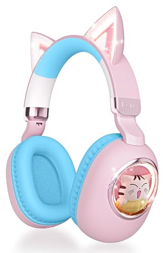 esonstyle Cat Ear Headphones for Kids - Bluetooth 5.4 On-Ear Noise Cancelling Headphones with Microphone 85dB Safe Volume Limit Wireless or 3.5mm Wired Mode USB C for School Learning Travel