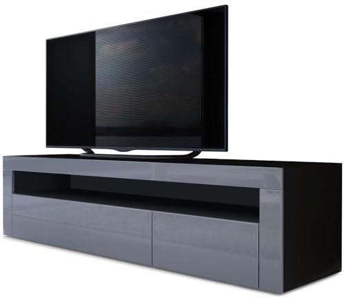Vladon Lowboard Valencia, Made in Germany, TV-Kommode mit 1 offenem Fach und 2 Klappen, Schwarz matt/Grau Hochglanz/Grau Hochglanz (155 x 46 x 40 cm)