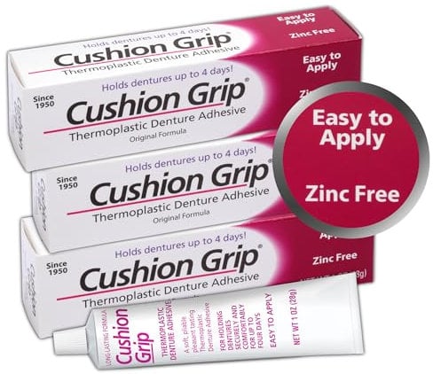 Cushion Grip Thermoplastic Denture Adhesive, 1 oz - Refits and Tightens Loose and Uncomfortable Dentures | Non-Glue Adhesive, Acts Like a Soft Reliner (Pack of 3)