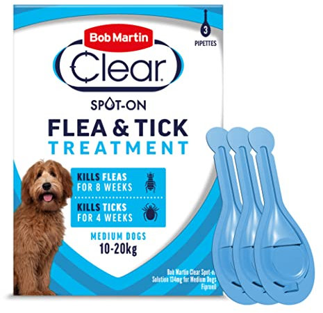 Bob Martin Clear Spot On Flea Treatment for Medium Dogs (10-20kg) - Kills Fleas & Ticks (3 Pipettes)