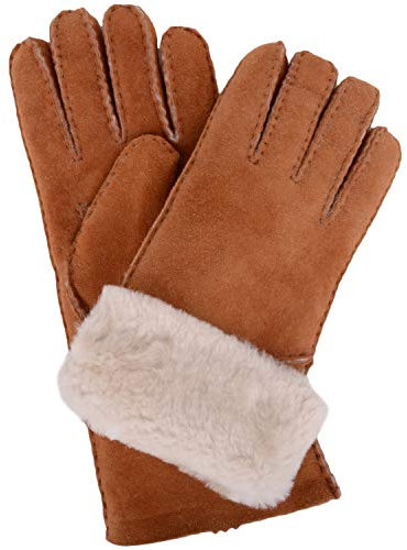 Damen-Luxus-Lammfell Handschuhe mit Falten Stulpe. Tan. Größe - Medium