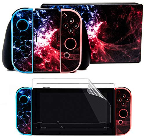Taifond The Mysterious Universe - Juego de calcomanías de placa frontal + 2 protectores de pantalla para consola Nintendo Switch, controlador Joy-Con y kit de protección de muelle