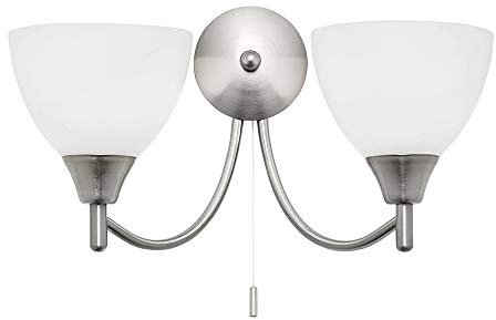 National Lighting Andy Decorative Satin Chrome Twin E14 LED Compatible Wall Light with Matt Opal Glass Shades Uplight