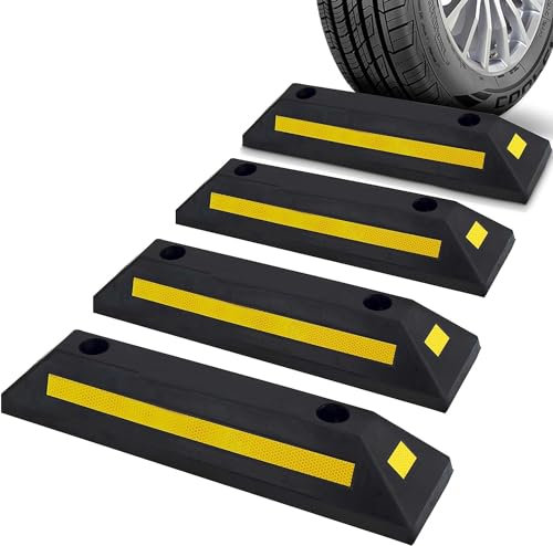 Pyle Curb Garaje Vehículo Piso Seguridad 1 pieza de goma resistente para estacionamiento, tapón de entrada, para coches, furgonetas, camiones, neumáticos, bloque de guía, paquete de 4, multicolor