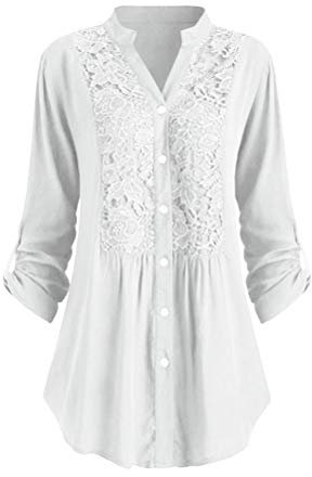Minetom Chemisier Décontractée en Dentelle Tunique Femme Grande Taille, Chic Blouse Fluide Manches Longues Mini Robe, Shirt Longues Casual Tops lâche T-Shirt Blanc 36