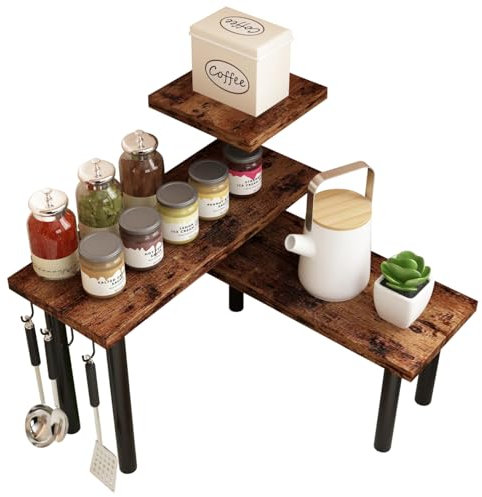 Homode Eckregal für die Küche, Badezimmer-Organizer, 3 Etagen, platzsparende Organisation für Küchentheke, Gewürzregal, Kaffeebar, über Spüle, rustikales Braun