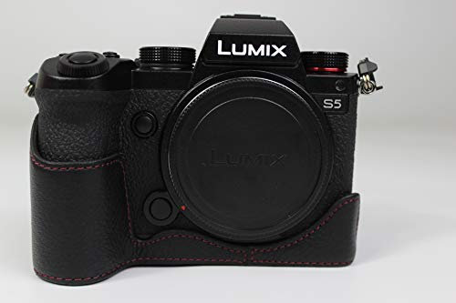 S5 Camera Case, Zakao Genuine Real Leather Half Bottom Opening Version Holster Camera Case With Hand Strap Protective Cover Bag Case for Panasonic Lumix S5 (Black)